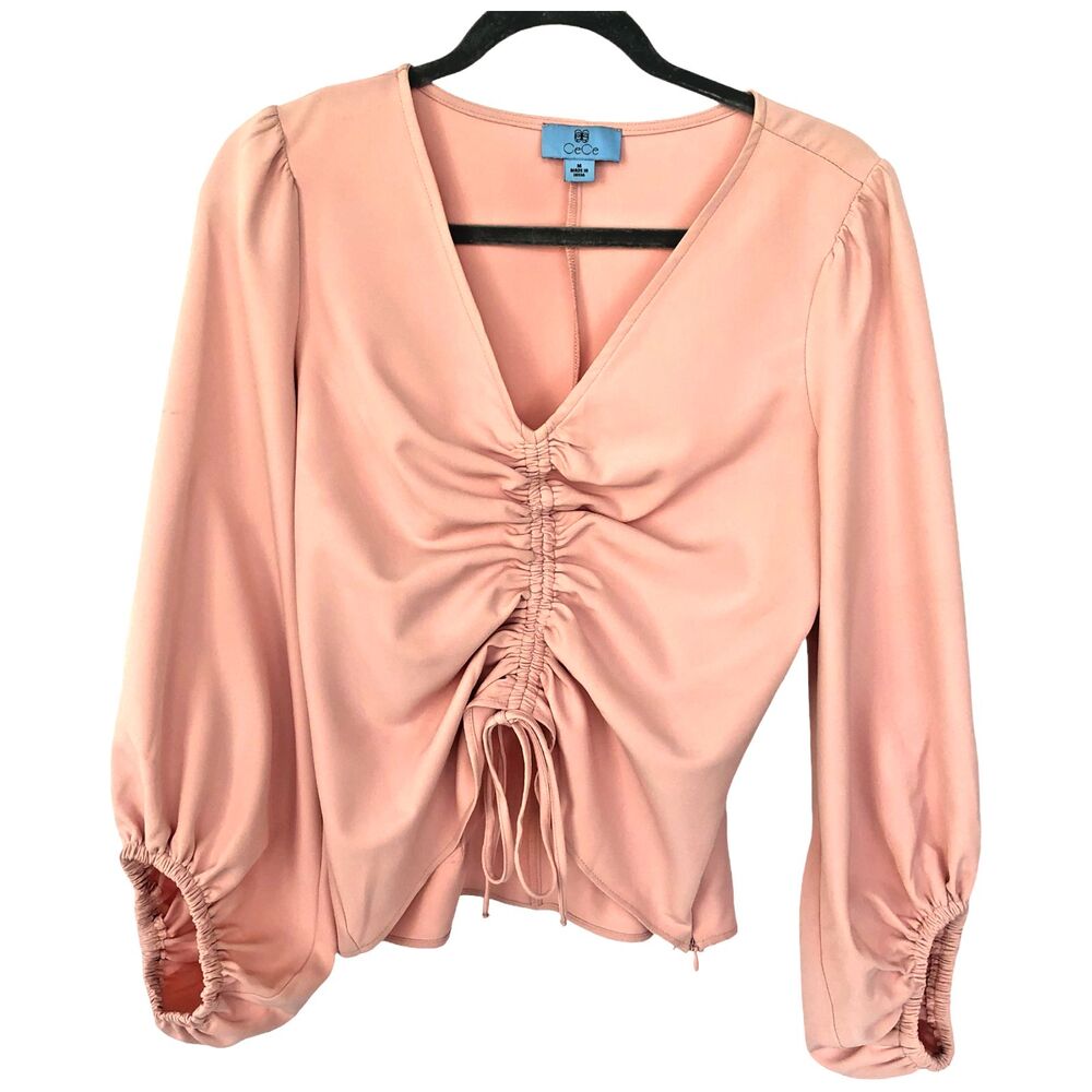 CECE LIGHT PINK DRAWSTRING RUCHED FRONT CROPPED TOP BLOUSE‎ WITH PUFF SLEEVE M